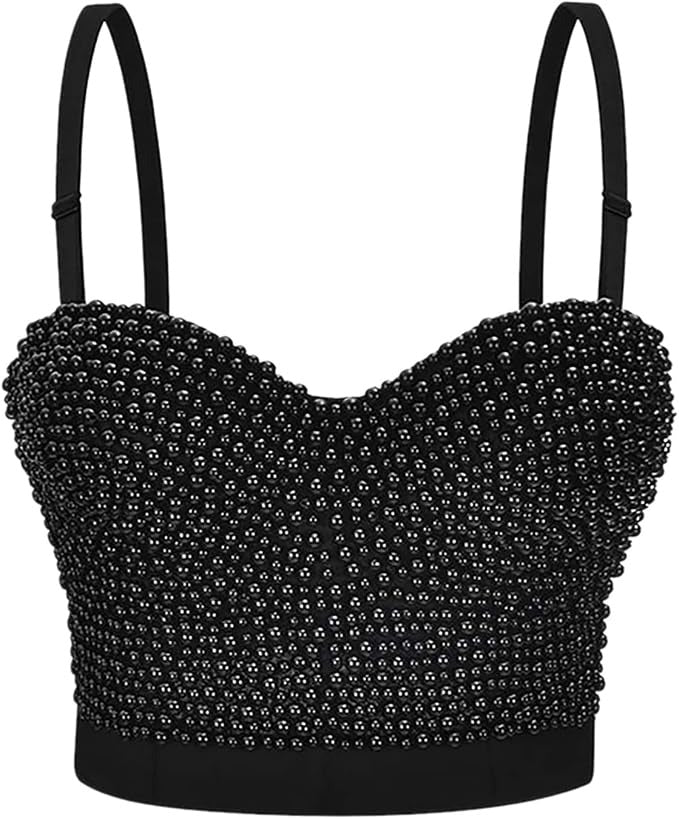 Corset negro con cuentas decorativas y escote corazón