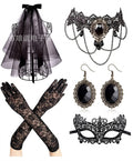 Set negro de novia con velo, guantes de encaje, gargantilla con cadenas, aretes y antifaz calado