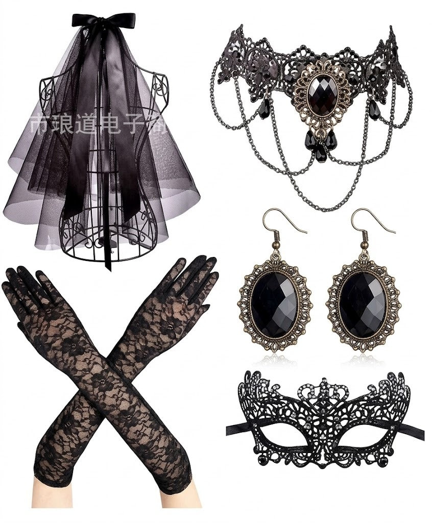 Set negro de novia con velo, guantes de encaje, gargantilla con cadenas, aretes y antifaz calado