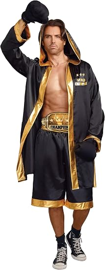 Vista frontal del disfraz de boxeador negro y dorado con bata con capucha y pantalón corto.
