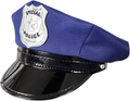 Gorra de policía azul con insignia plateada y visera negra brillante.