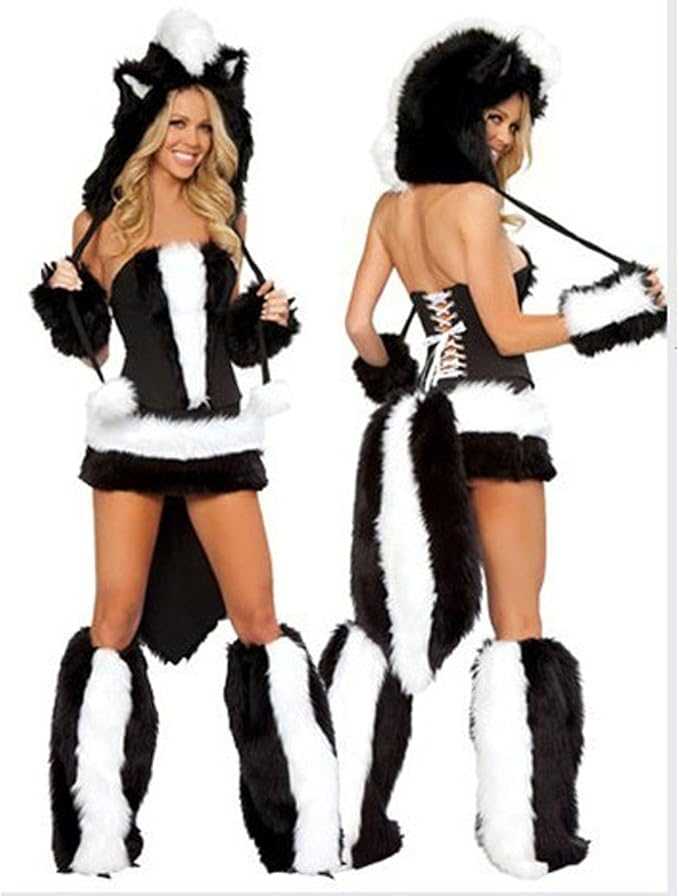 Disfraz de zorrillo blanco y negro en peluche con sombrero, cola y accesorios para manos y pies, vistas frontal y posterior.