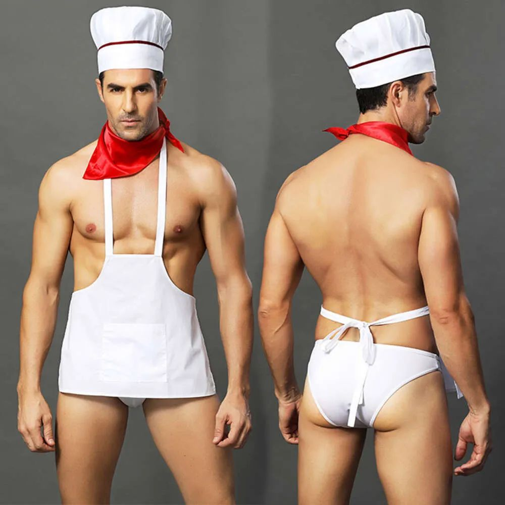 Disfraz de chef para caballero, vistas frontal y posterior con delantal blanco y pañuelo rojo.