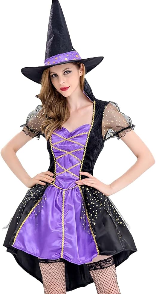 Disfraz de bruja negro y violeta con detalles dorados y sombrero puntiagudo