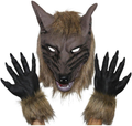 Máscara de lobo con colmillos y par de guantes con garras y detalles de pelo