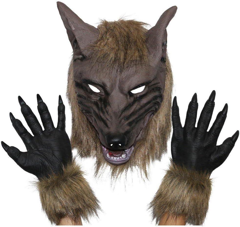 Máscara de lobo con colmillos y par de guantes con garras y detalles de pelo