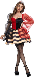 Vista frontal del disfraz de Reina de Corazones rojo y negro con falda de franjas doradas