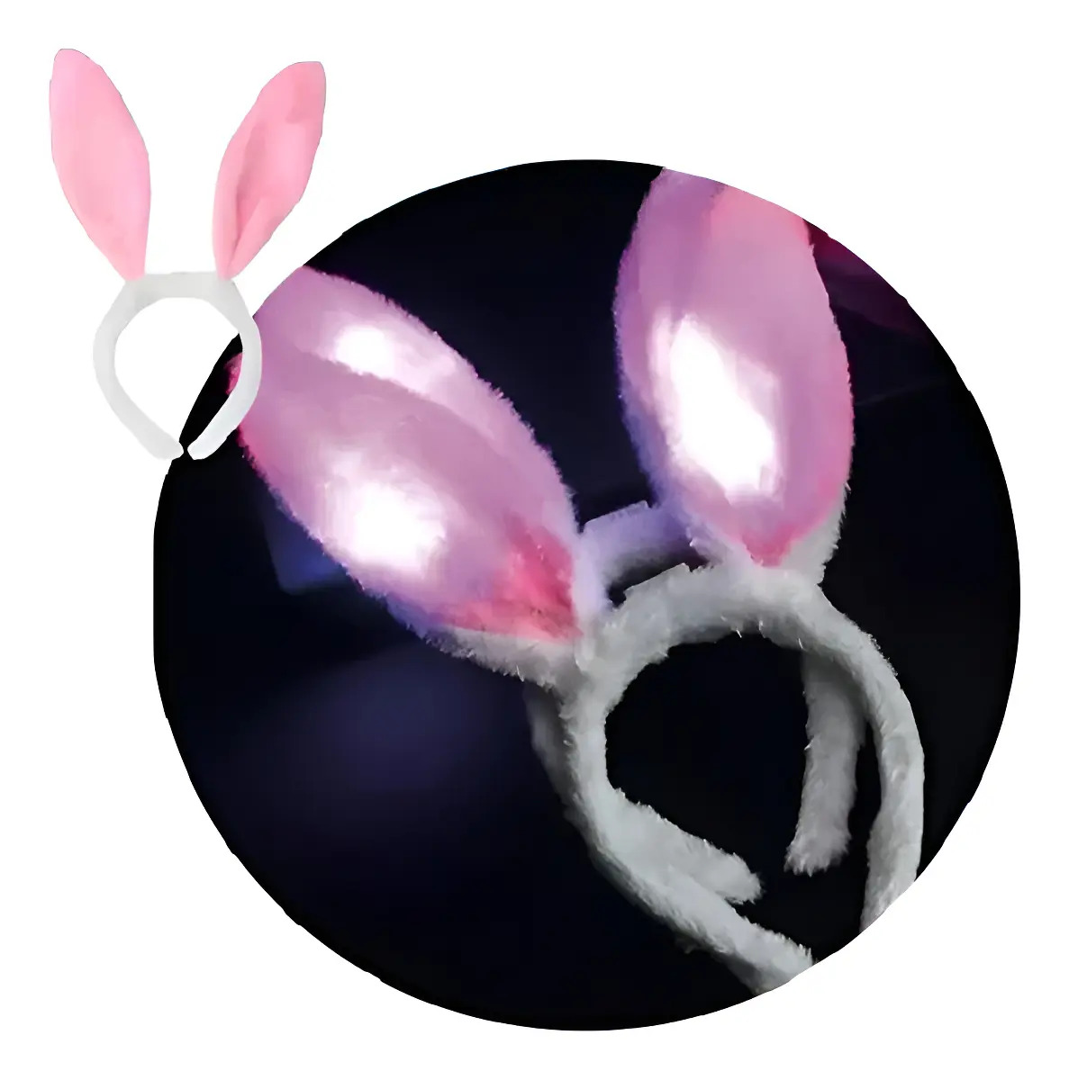 Diadema blanca y rosada de orejas de conejo con luces encendidas