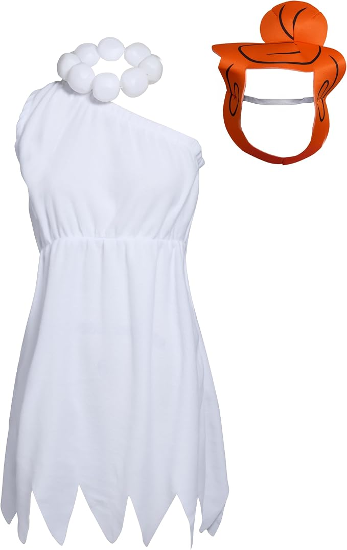 Vestido blanco, collar de cuentas y accesorio de peluca de foam naranja