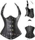 Corset negro de cuerina con cuatro hebillas y tirantes; vistas frontal, lateral y posterior.
