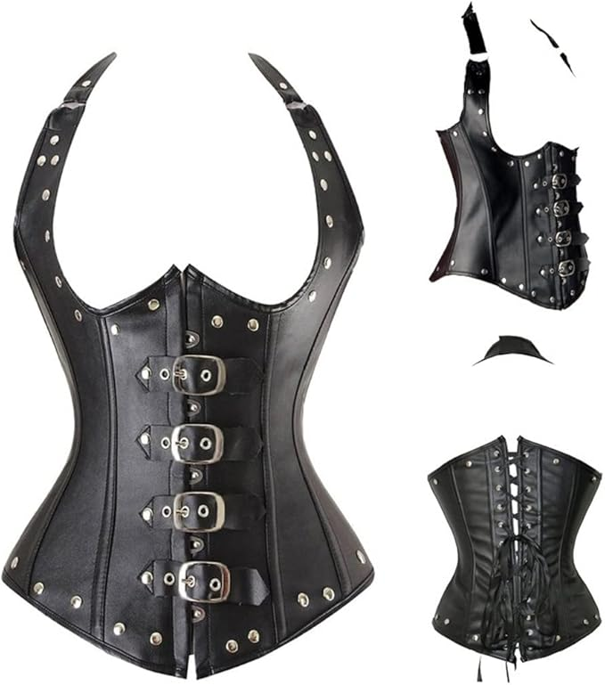 Corset negro de cuerina con cuatro hebillas y tirantes; vistas frontal, lateral y posterior.