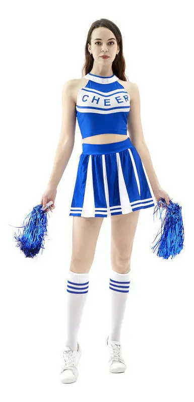 Disfraz de porrista azul y blanco con top CHEER y falda de pliegues