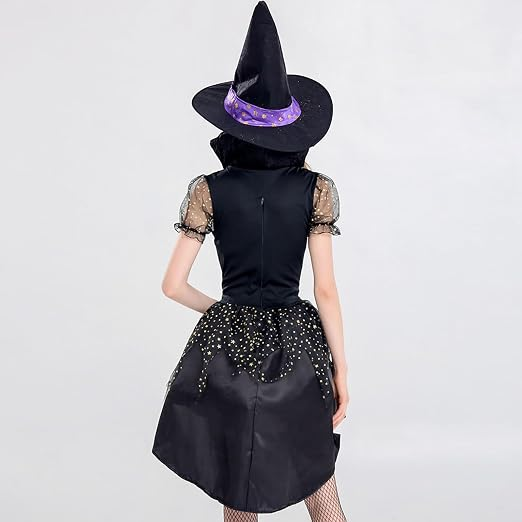 Disfraz de bruja con falda asimétrica y sombrero, vista posterior