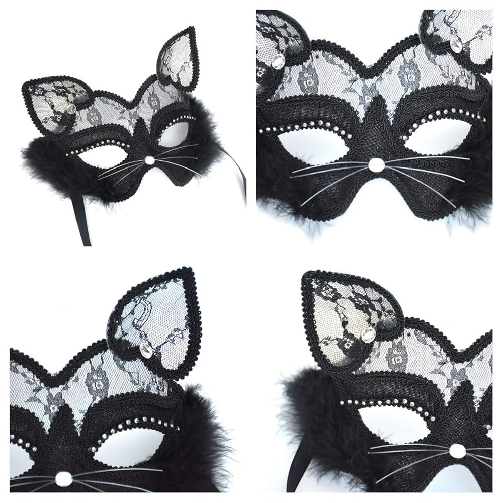Antifaz negro de gatita con orejas de encaje, bigotes, detalles brillantes y adornos esponjosos.