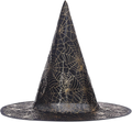 Sombrero de bruja negro de copa puntiaguda y ala amplia con telarañas y arañas decorativas.