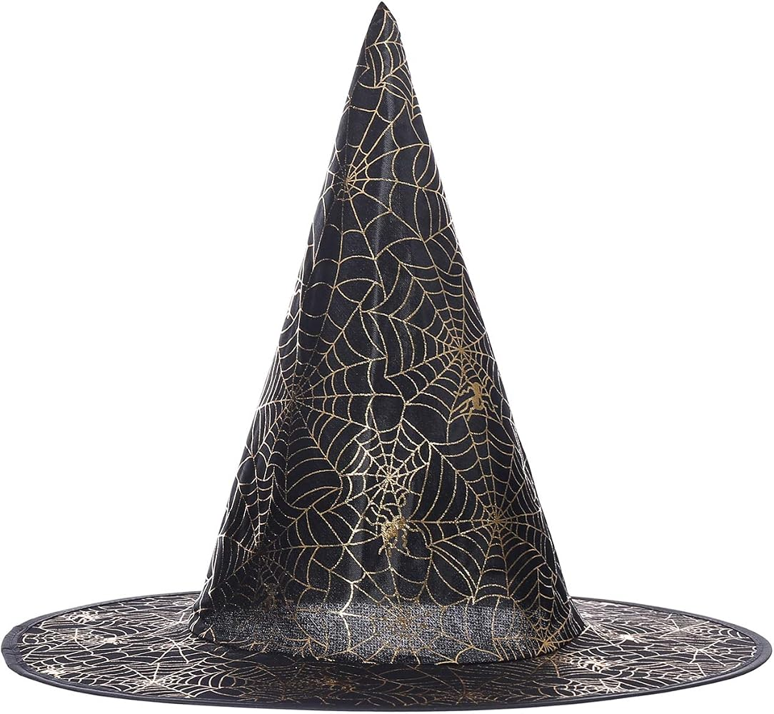 Sombrero de bruja negro de copa puntiaguda y ala amplia con telarañas y arañas decorativas.