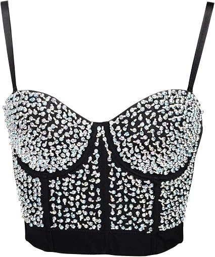Corset negro con pedrería brillante plateada y escote corazón