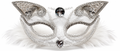 Antifaz blanco de gatita con orejas puntiagudas, detalles plateados, adornos brillantes y plumas blancas.
