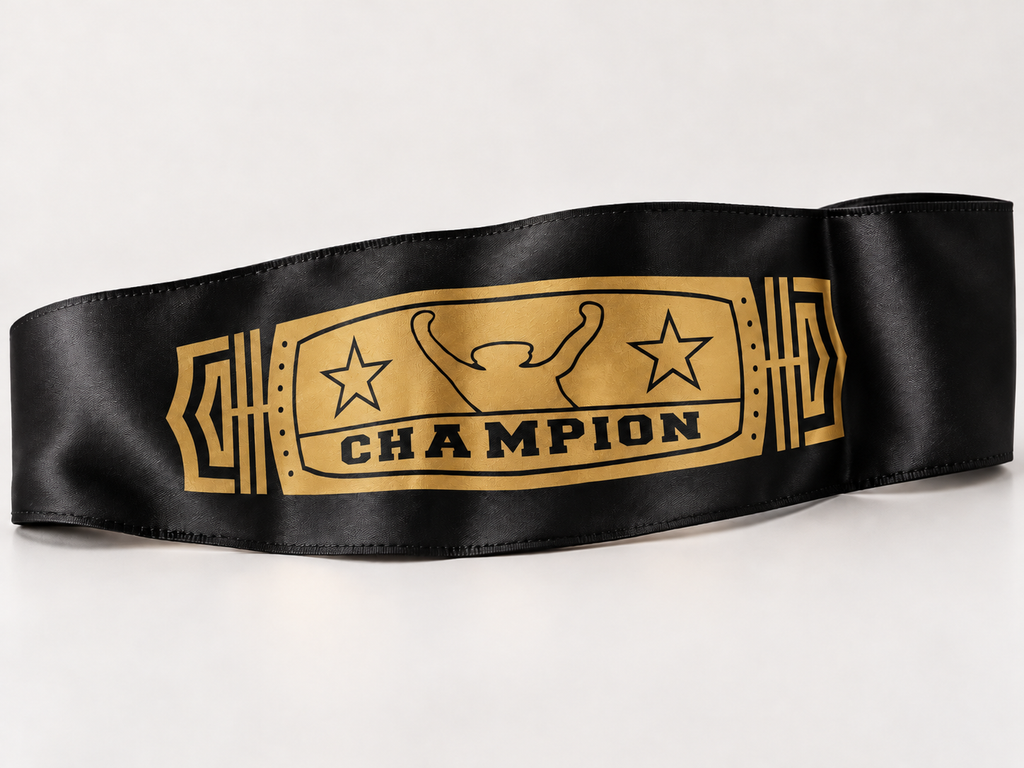 Detalle del cinturón negro y dorado con inscripción Champion mostrado para el disfraz de boxeador.