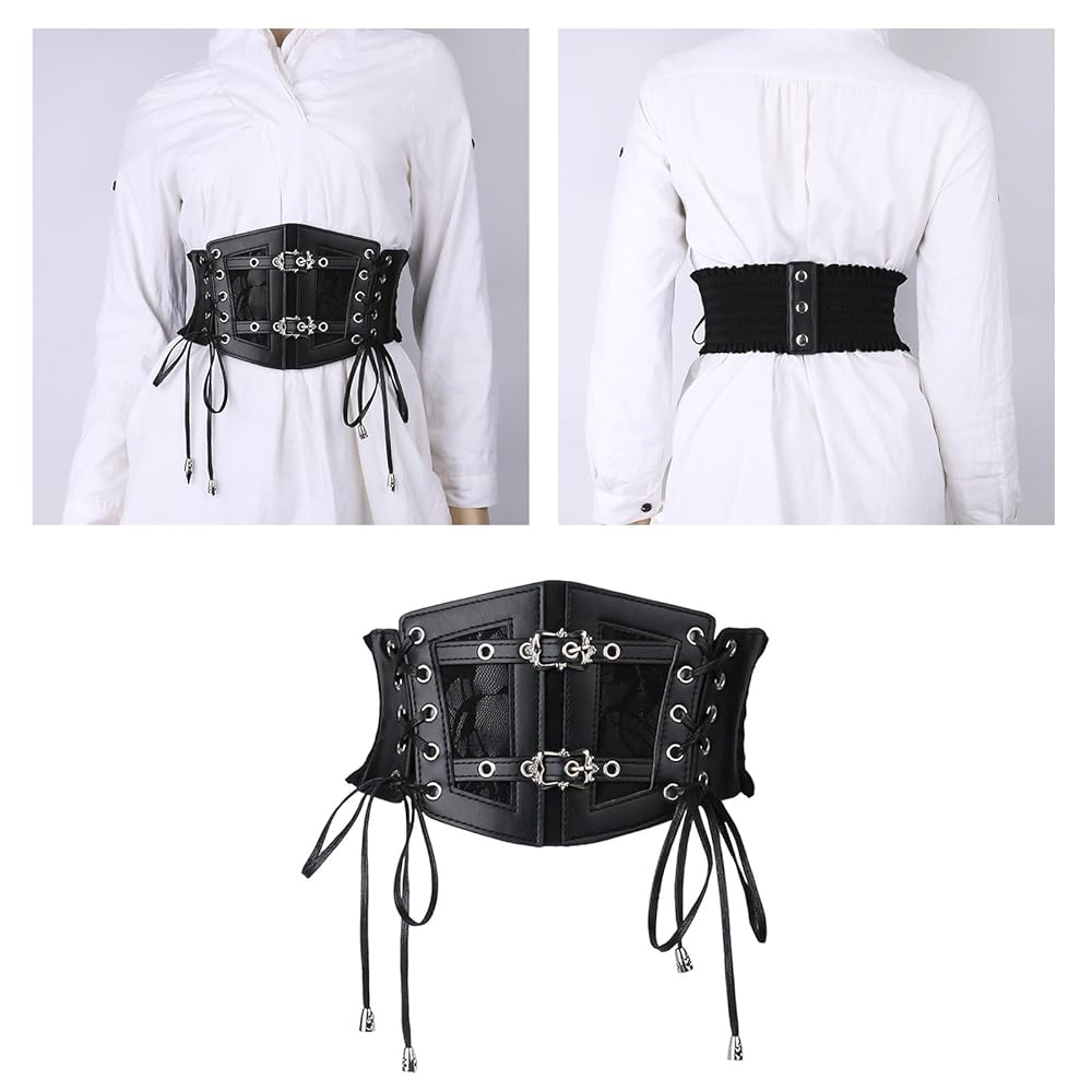 Corset de cintura negro con dos hebillas, cordones laterales y elástico; vistas frontal y posterior.