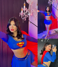 Disfraz inspirado en Superman con top azul de manga larga, minifalda, cinturón dorado y capa roja.
