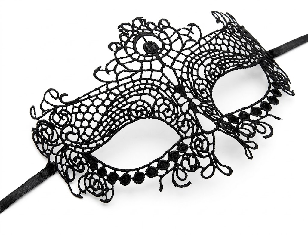 Antifaz negro calado con motivos florales y cintas laterales