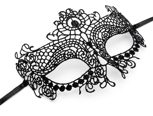 Antifaz negro calado con motivos florales y cintas laterales