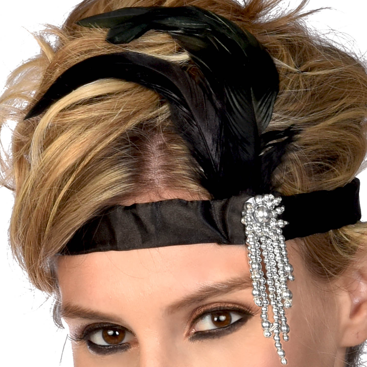 Diadema Charleston negra con plumas y detalles brillantes plateados colgantes