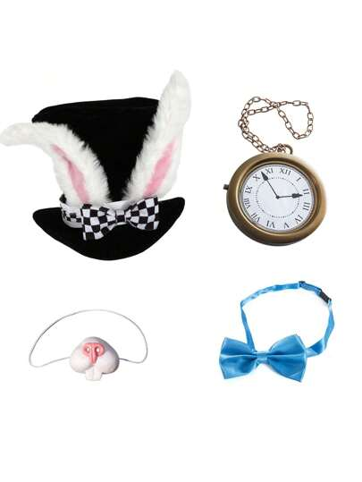 Set de accesorios de conejo con sombrero negro de orejas blancas, reloj con cadena, nariz y corbatín azul.