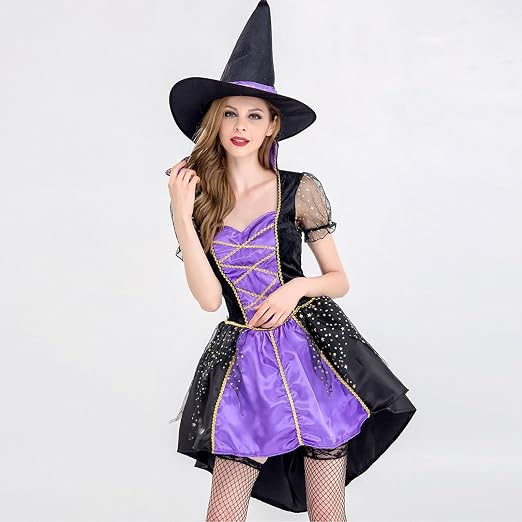 Disfraz de bruja negro y violeta con sombrero, vista frontal