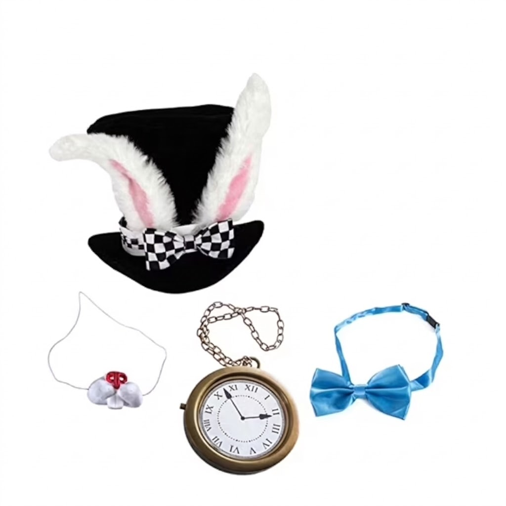 Kit de conejo con sombrero de orejas, nariz, accesorio de reloj y lazo azul