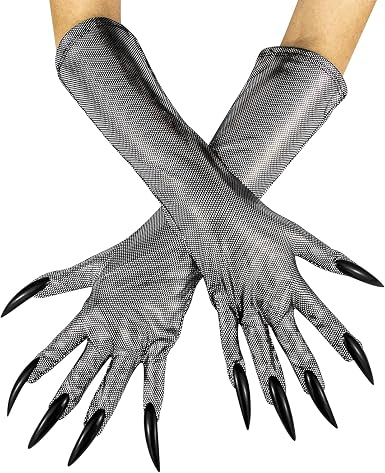 Par de guantes largos plateados con garras decorativas negras