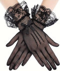 Guantes negros de red con dedos completos, puños de encaje floral y lazos negros.