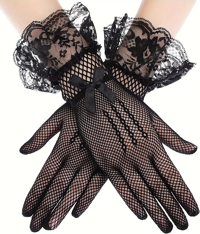 Guantes negros de red con dedos completos, puños de encaje floral y lazos negros.