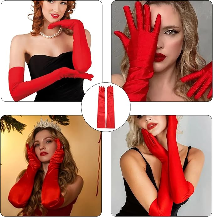 Guantes largos rojos lisos con dedos completos, mostrados en varias poses.