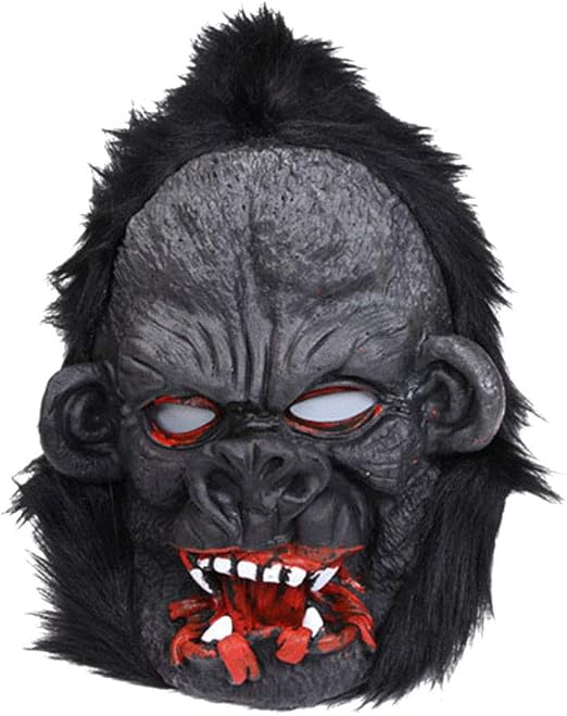 Máscara de gorila con rostro gris, dientes visibles y detalles de pelo negro