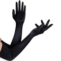 Guantes largos negros lisos con dedos completos que cubren parte de los brazos.
